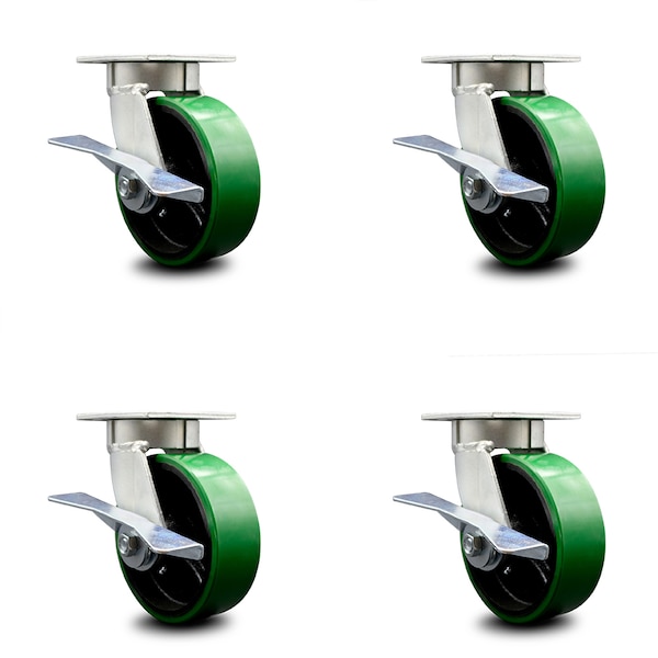 Service Caster 6 Inch Kingpinless Green Poly on Steel Wheel Swivel Caster Set with Brakes SCC SCC-KP30S620-PUR-GB-SLB-4 - main
